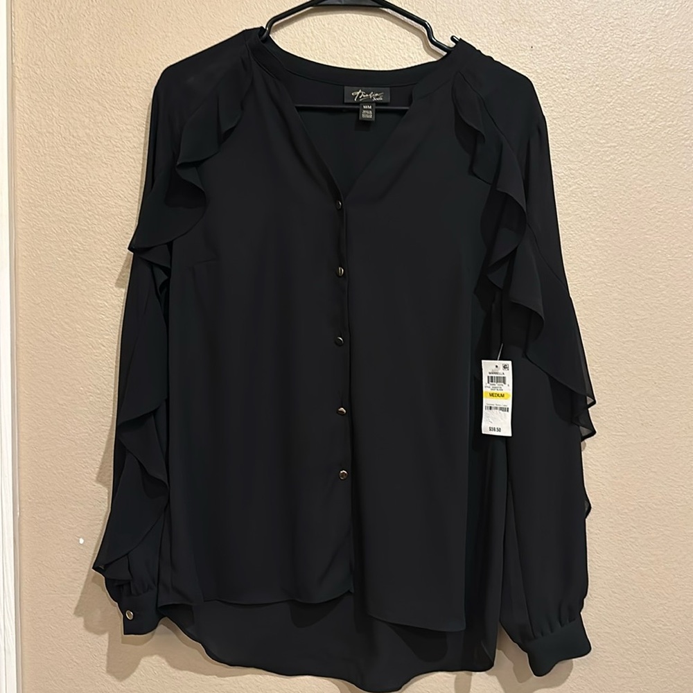 Black long sleeve button up polyester blouse. Size M. NWT.